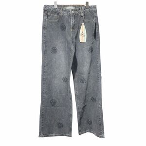 Wide Leg Charcoal Grey Black Jeans Rose Jewel Detail Nwt Size 7/28